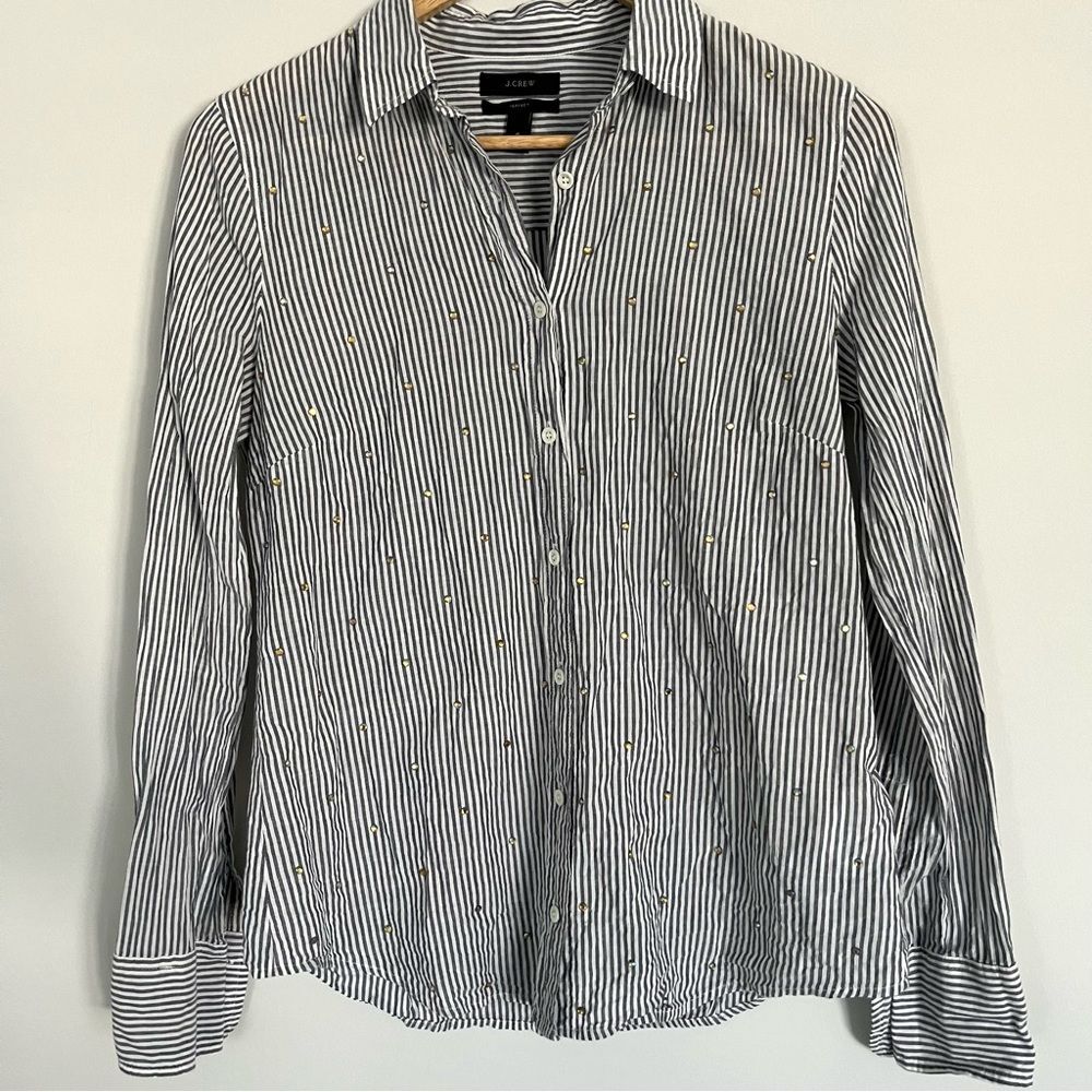 J. Crew Embellished Rhinestone Striped Perfect Button Down Shirt, Size 4 NWOT - Picture 3 of 11